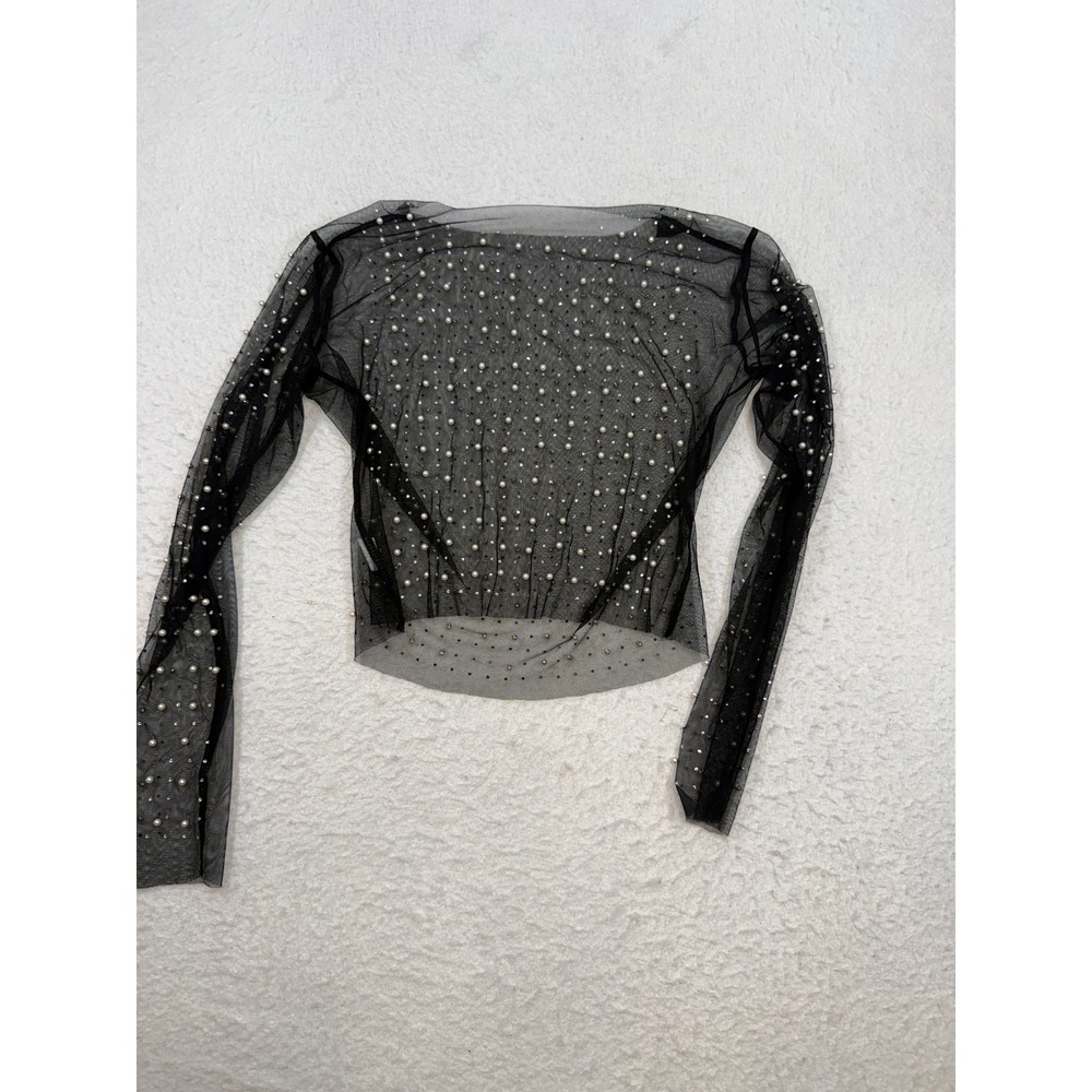 Black Sheer Mesh Faux Pearl Embellished Long Sleeve Top Blouse Size L